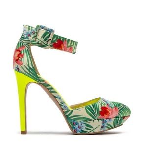 Last Chance ZODIAC-02 Bright Green Floral Ankle Strap Closed Toe Heeled Mules